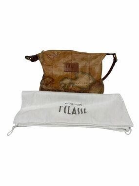 Alviero Martini Pattern Map Tan/Multi Coated Cotton Crossbody Handbag